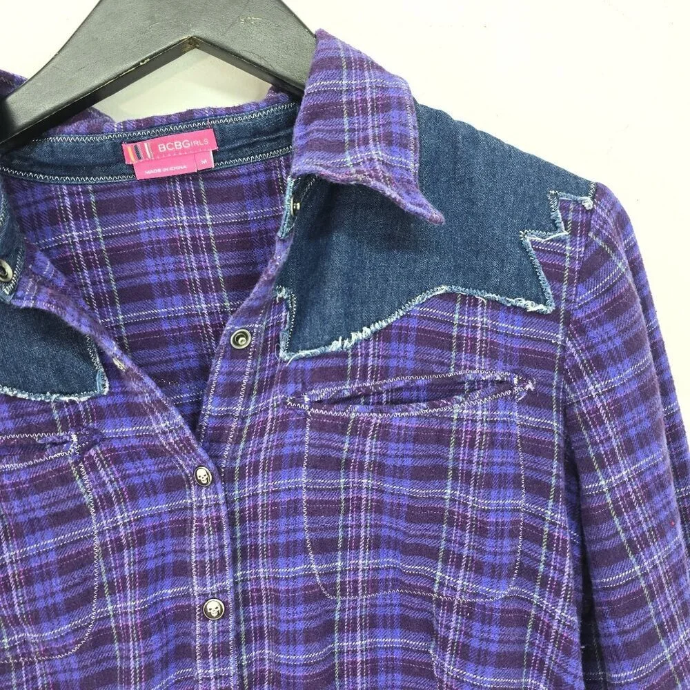 BCBG Girls Purple Denim PLaid Skull Button Long Sleeve Flannel Size M